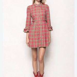 Ivy City Co Pink Plaid Ruffled-Cuff Mini Dress